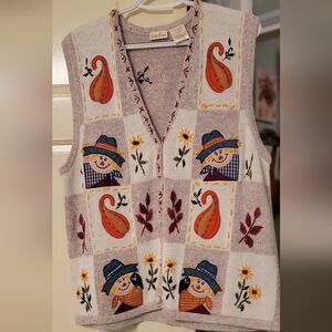 Vintage Bobbie Brooks Cream V-Neck Sweater Vest with Scarecrow Design SIZE XL